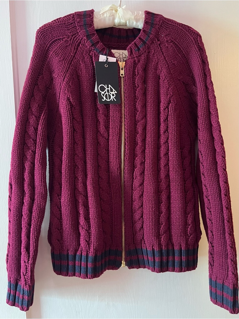 Chaser Burgundy Cable Knit Zip-up Cardigan Sweater